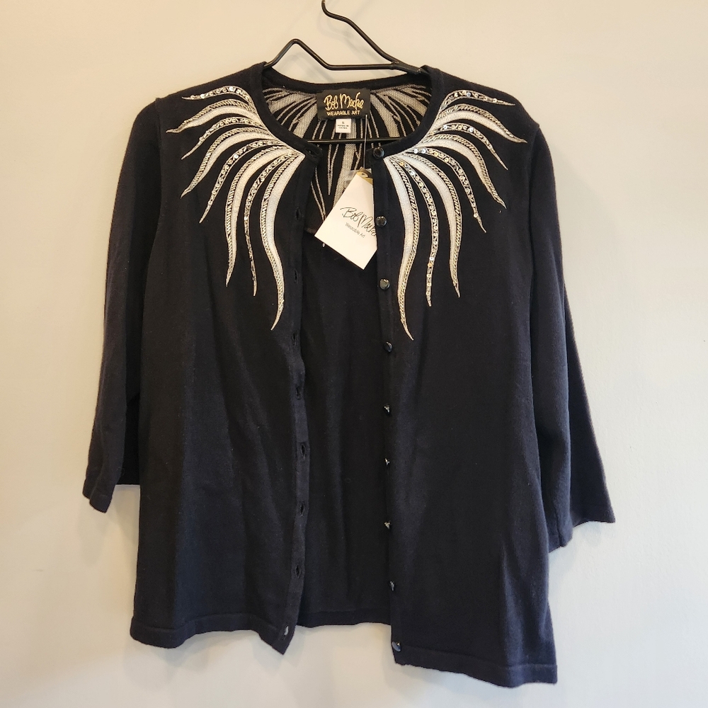 Bob Mackie NWT Wearable Art Embellished Black Button Up Cardigan